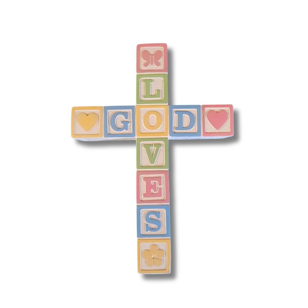 God loves pastel baby block cross